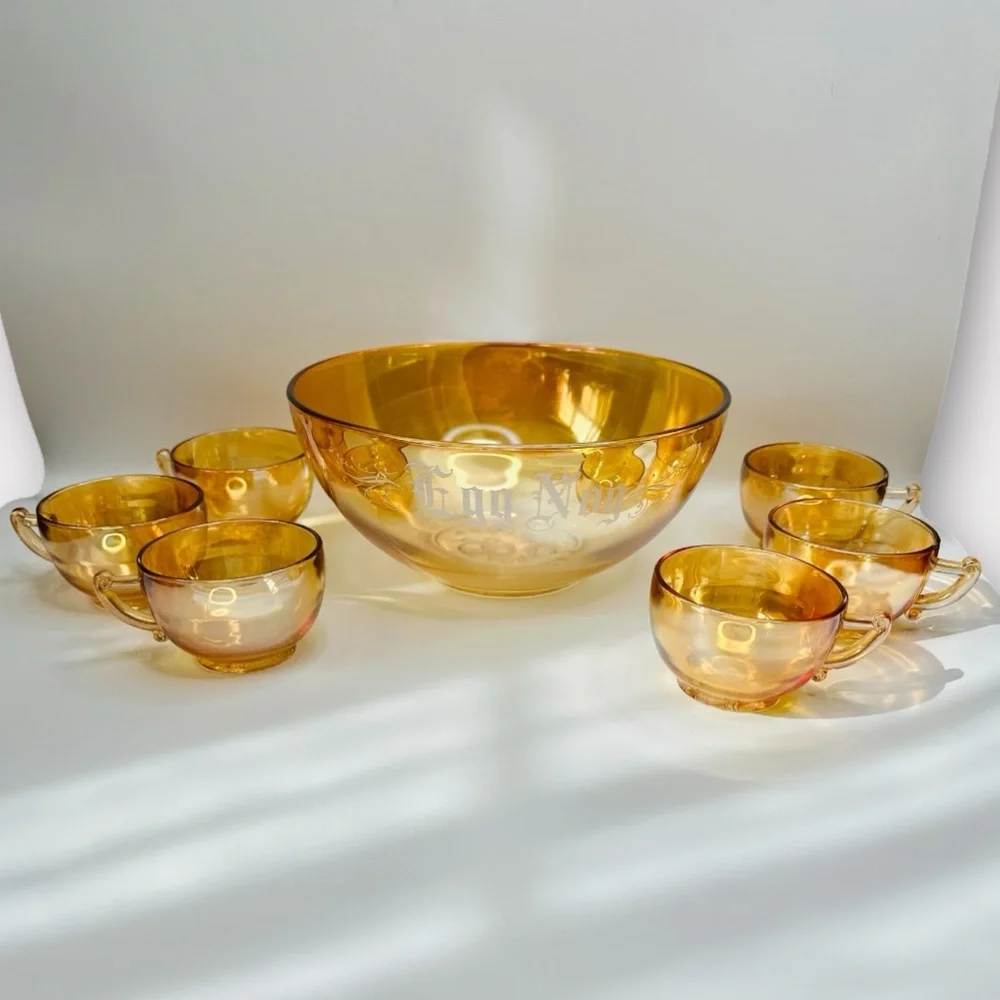 1950s Jeanette Glass Marigold Carnival Glass Egg Nog Punch Bowl and Cup Set